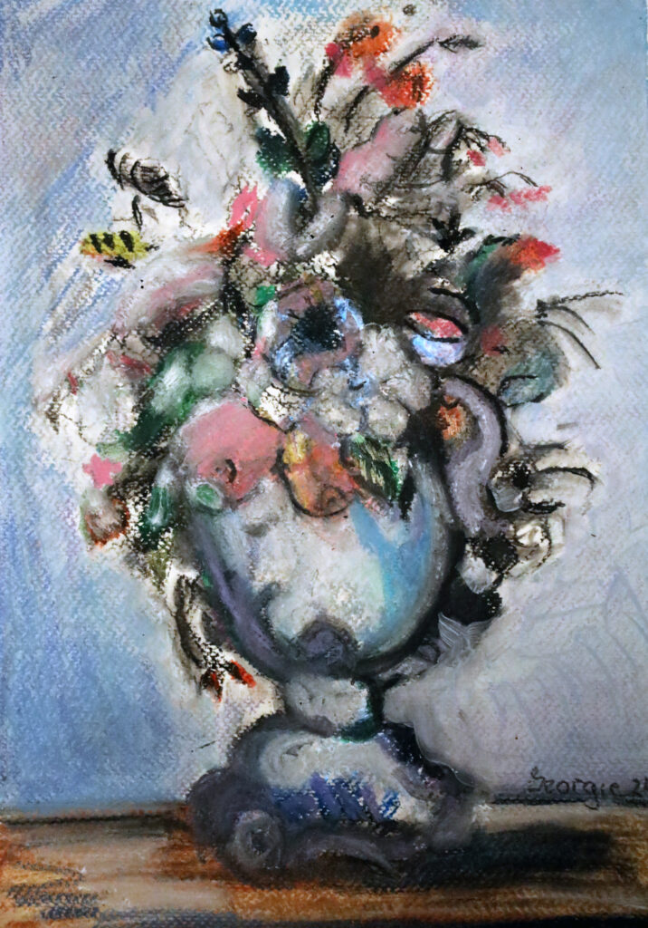 Vase with colorful pastel flowers and insects