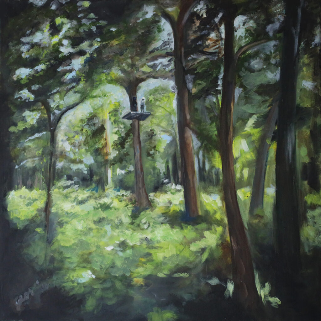Green forest with two people on a platform in the trees