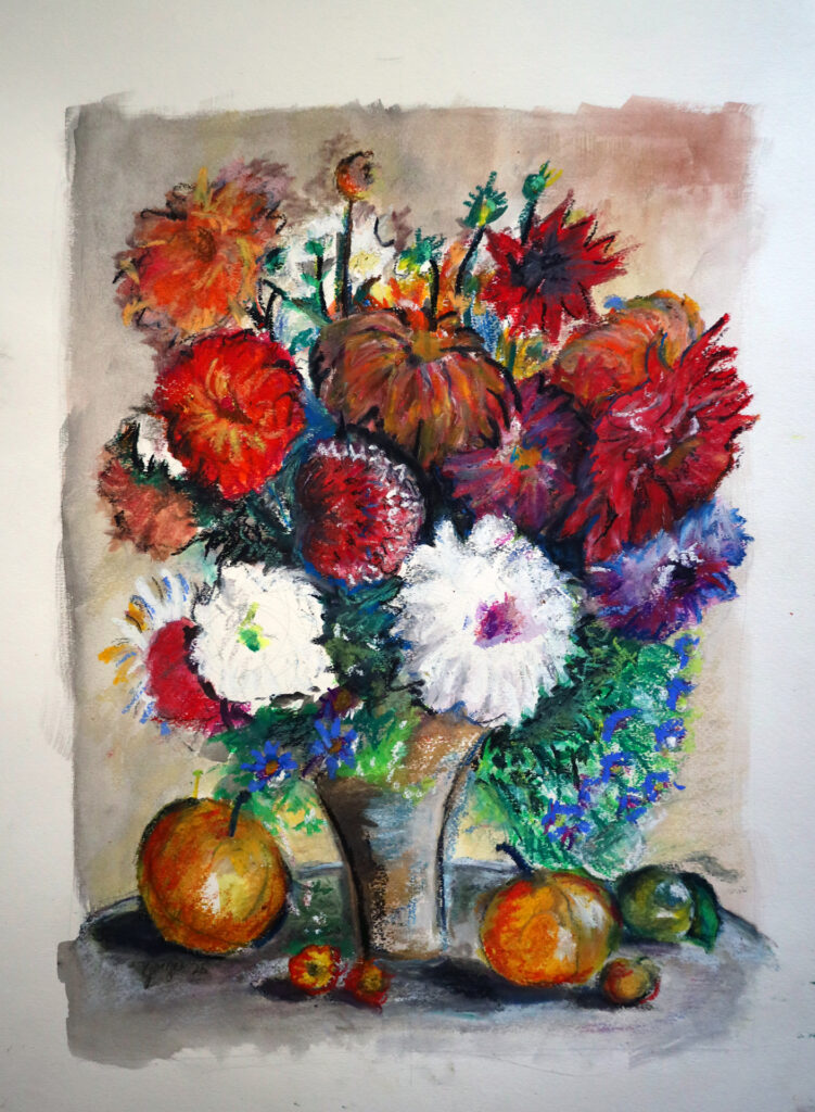 Red, whites and greens oil pastel of a vase of Dahlias