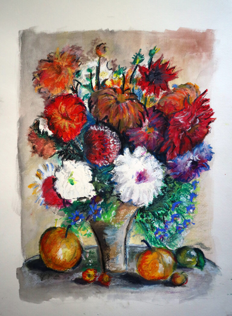 Red, whites and greens oil pastel of a vase of Dahlias